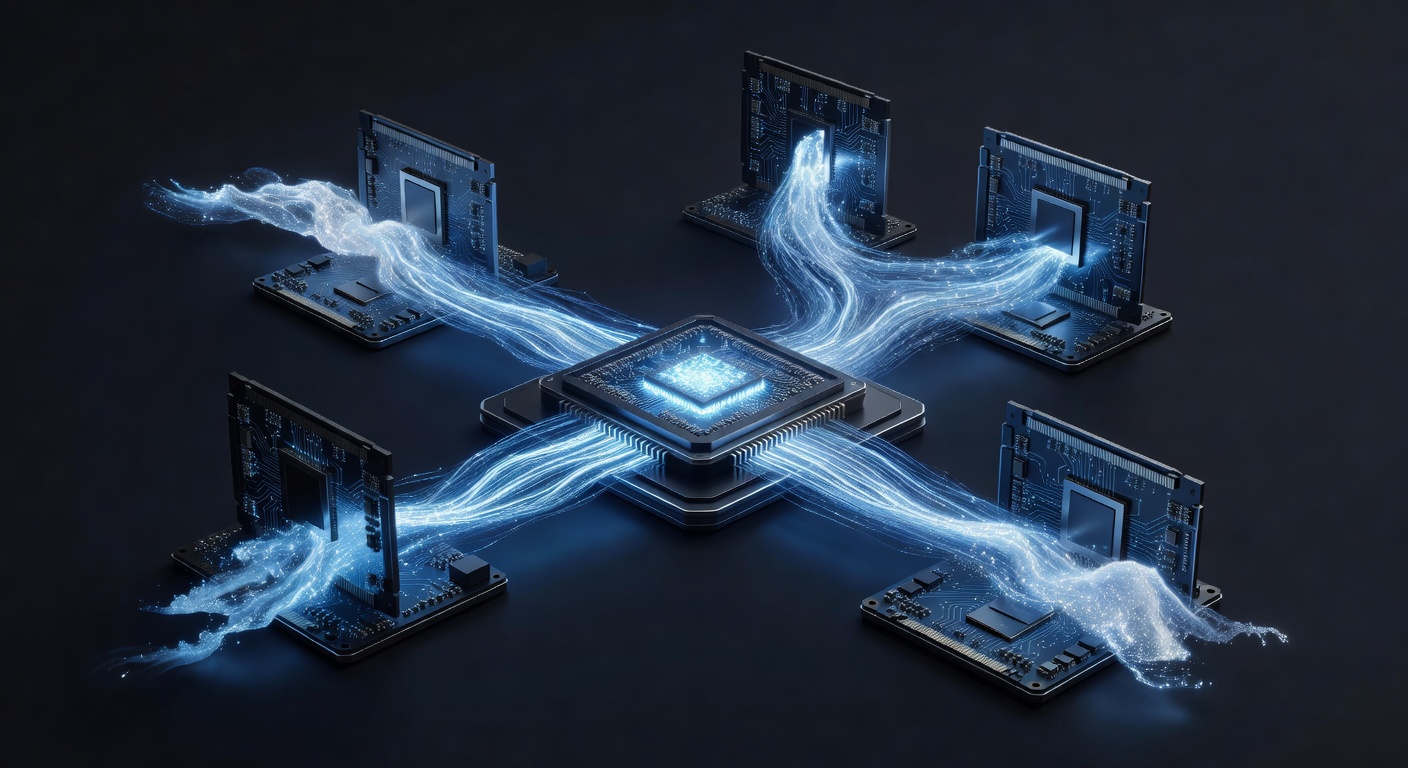 A glowing computer processor connected to memory modules with bright data streams, illustrating data flow and hardware bottlenecks in a sleek, modern, abstract tech style. No text or logos.