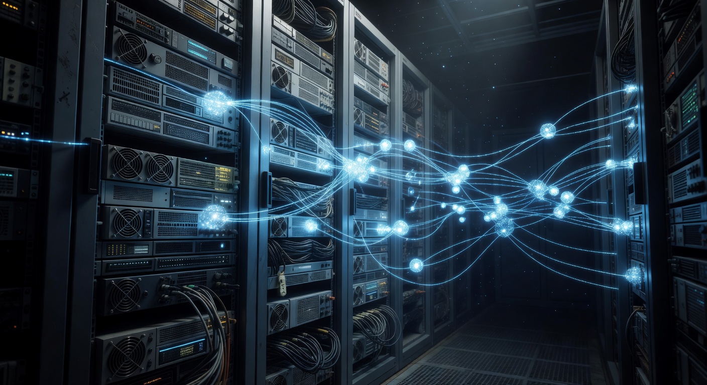 A server rack in a data center blending older hardware aesthetics with futuristic glowing AI network lines and nodes, representing the reuse of existing servers for artificial intelligence. Modern tech style, no text or logos.