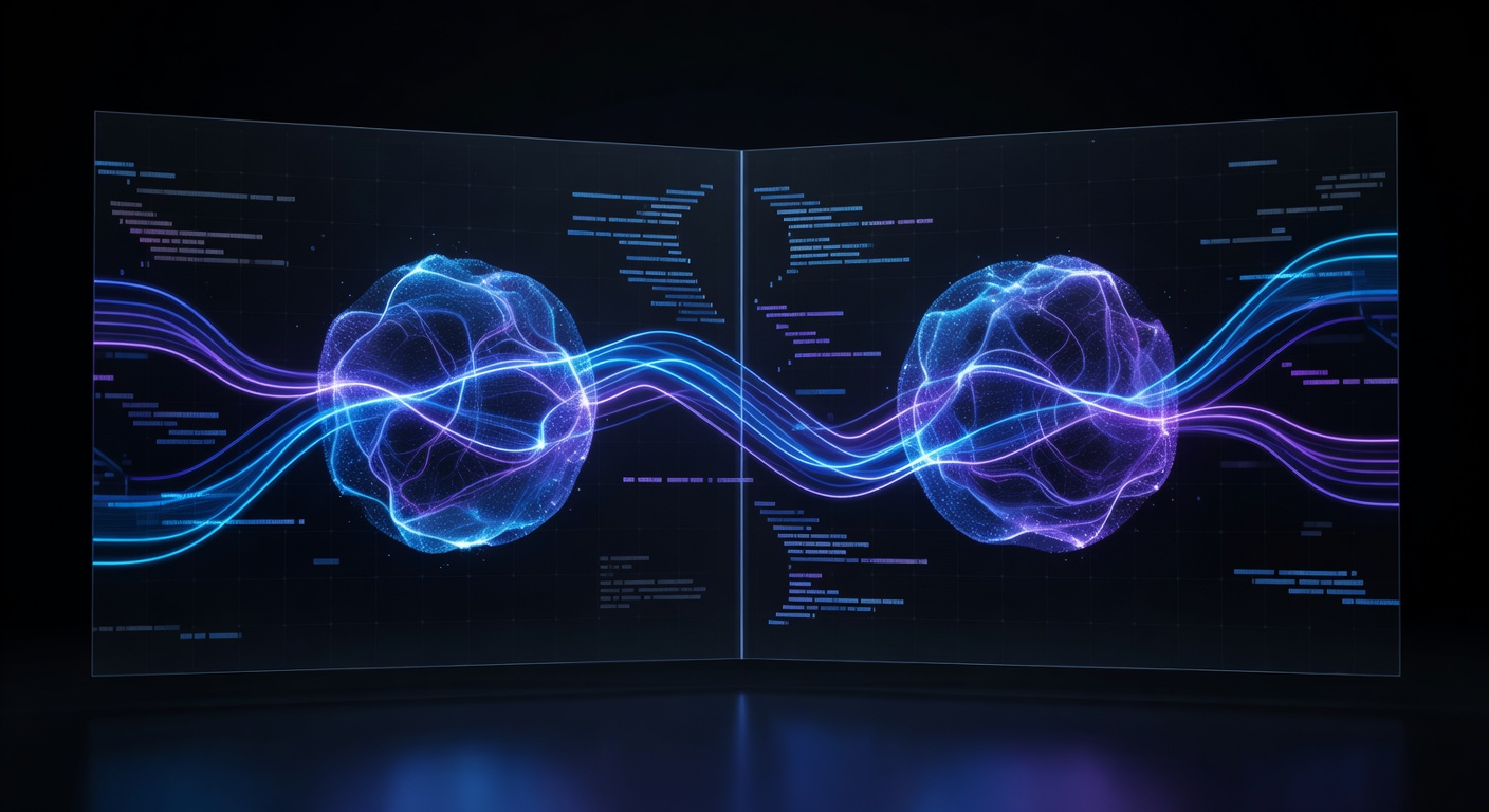 A modern conceptual illustration showing two glowing AI nodes working side-by-side on a split-screen digital interface, representing a collaborative coding environment. Dark mode aesthetic with neon blue and purple data streams, abstract code blocks, and a seamless flow of information between the two entities. No text or logos.