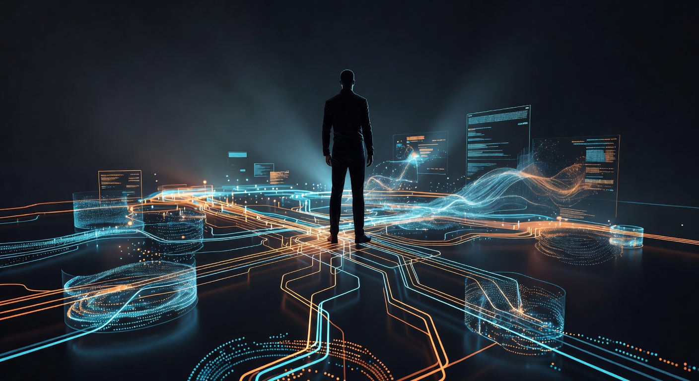 A futuristic tech illustration depicting a human silhouette overseeing a complex network of interconnected AI nodes. The scene features abstract holographic displays, glowing data pathways, and a balanced composition representing human supervision over automated workflows. Sleek, modern, dark theme with vibrant orange and cyan accents. No text or logos.