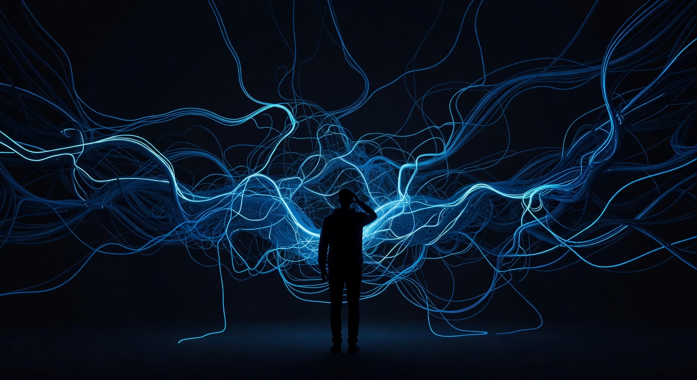 A modern tech illustration showing a complex, tangled glowing digital maze or chaotic data streams surrounding a silhouette of a developer, symbolizing system complexity and loss of control, dark theme with neon accents, no text or logos.