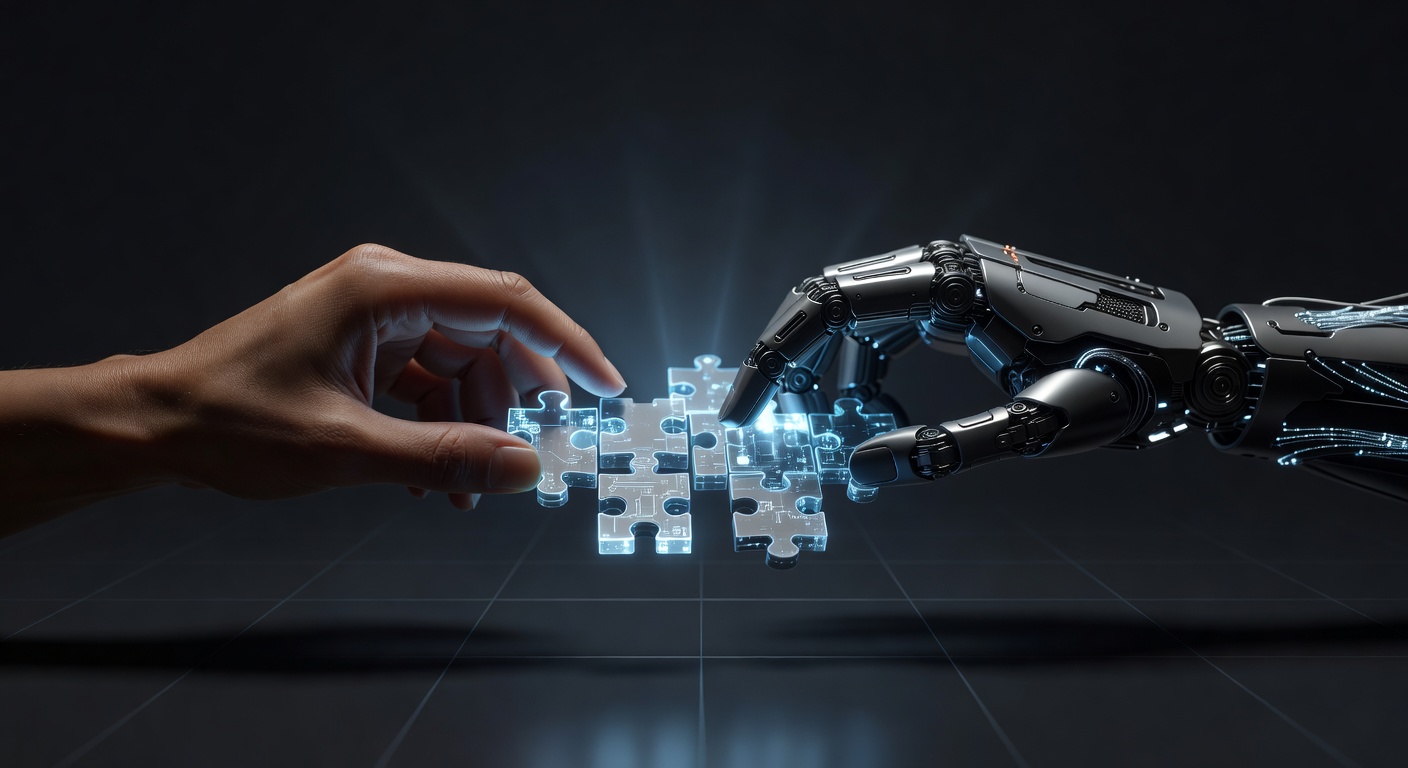 A sleek 3D illustration of a human hand and a robotic hand collaboratively assembling a glowing digital puzzle or modular blocks, representing the balance between human expertise and AI automation, modern tech aesthetic, no text or logos.