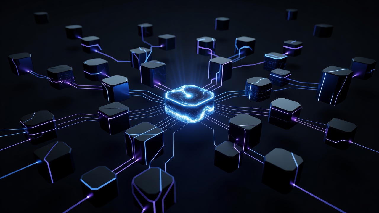 A conceptual 3D illustration showing a central glowing core connected to various modular blocks or nodes, representing a modular software architecture, modern tech style, dark mode with neon blue and purple accents, no text or logos