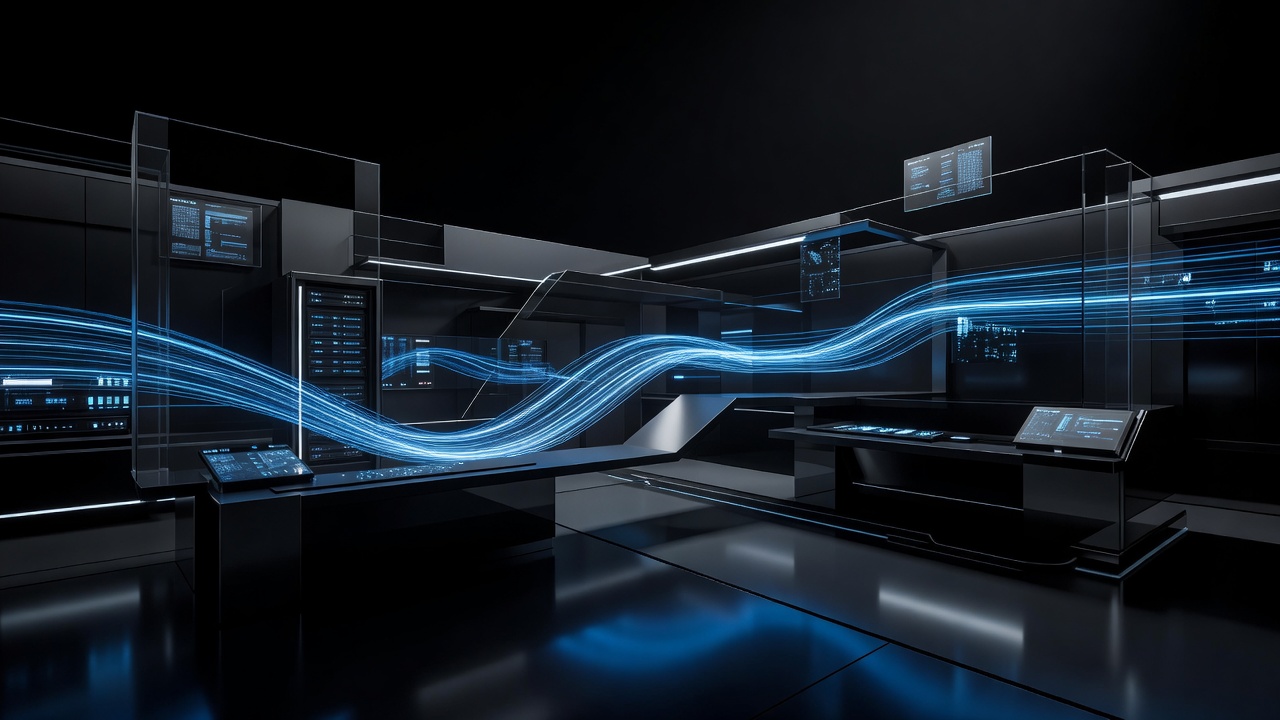 A modern abstract representation of a streamlined workflow, featuring glowing data streams flowing through a sleek, futuristic terminal environment, symbolizing automated setup and seamless integration, dark tech aesthetic, no text or logos