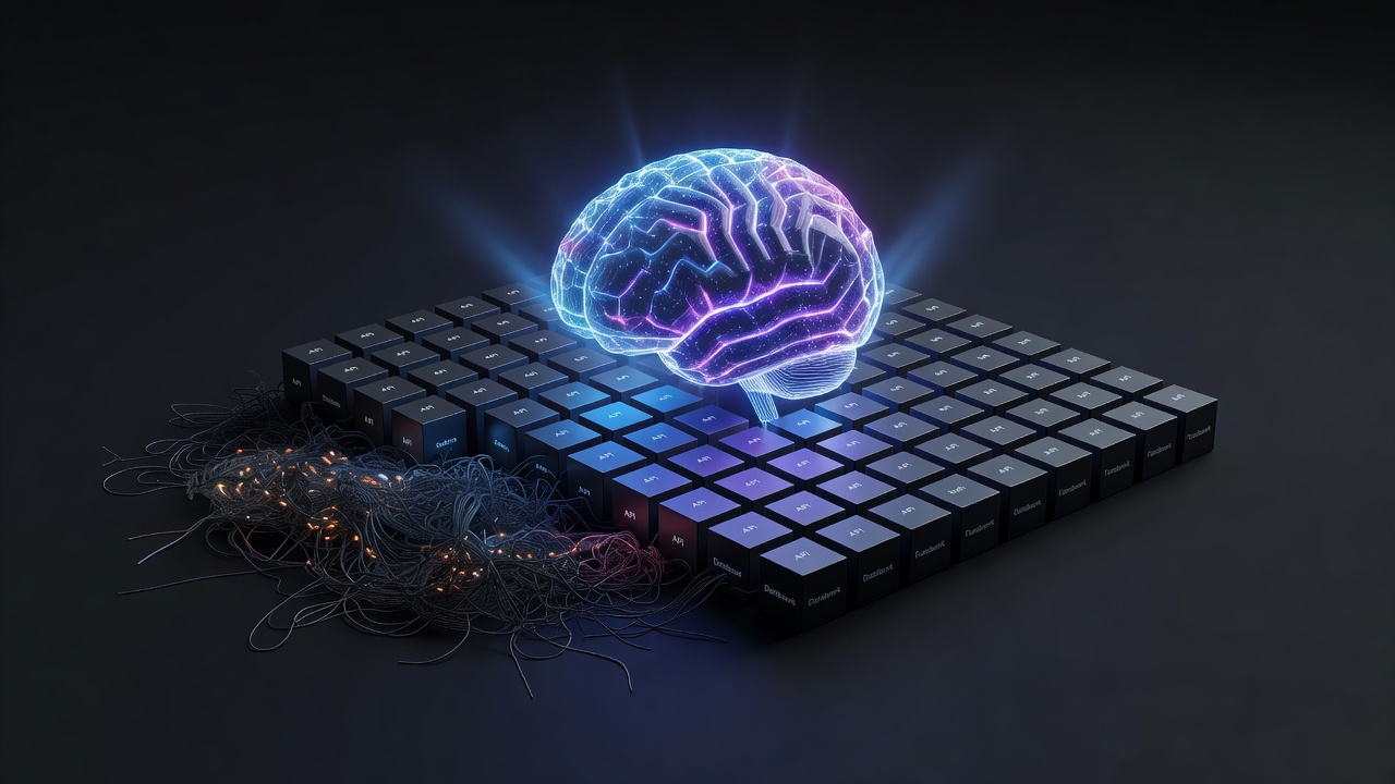 A conceptual 3D illustration showing a glowing AI brain seamlessly connecting with neatly organized, standardized building blocks representing modern software stacks, while messy, tangled wires representing legacy code are pushed to the side. Modern tech style, vibrant neon blue and purple colors, clean background, no text or logos.