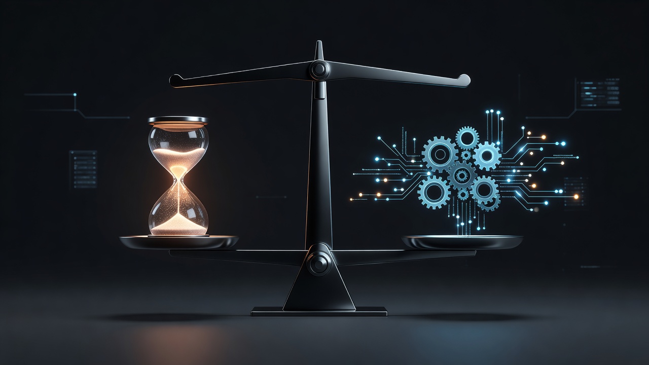 A sleek, modern 3D illustration of a futuristic balancing scale. On one side, a glowing hourglass representing time; on the other, abstract digital gears and nodes representing AI processing efficiency. Soft lighting, dark tech-themed background with cyan and orange accents, minimalist and professional, no text or logos.