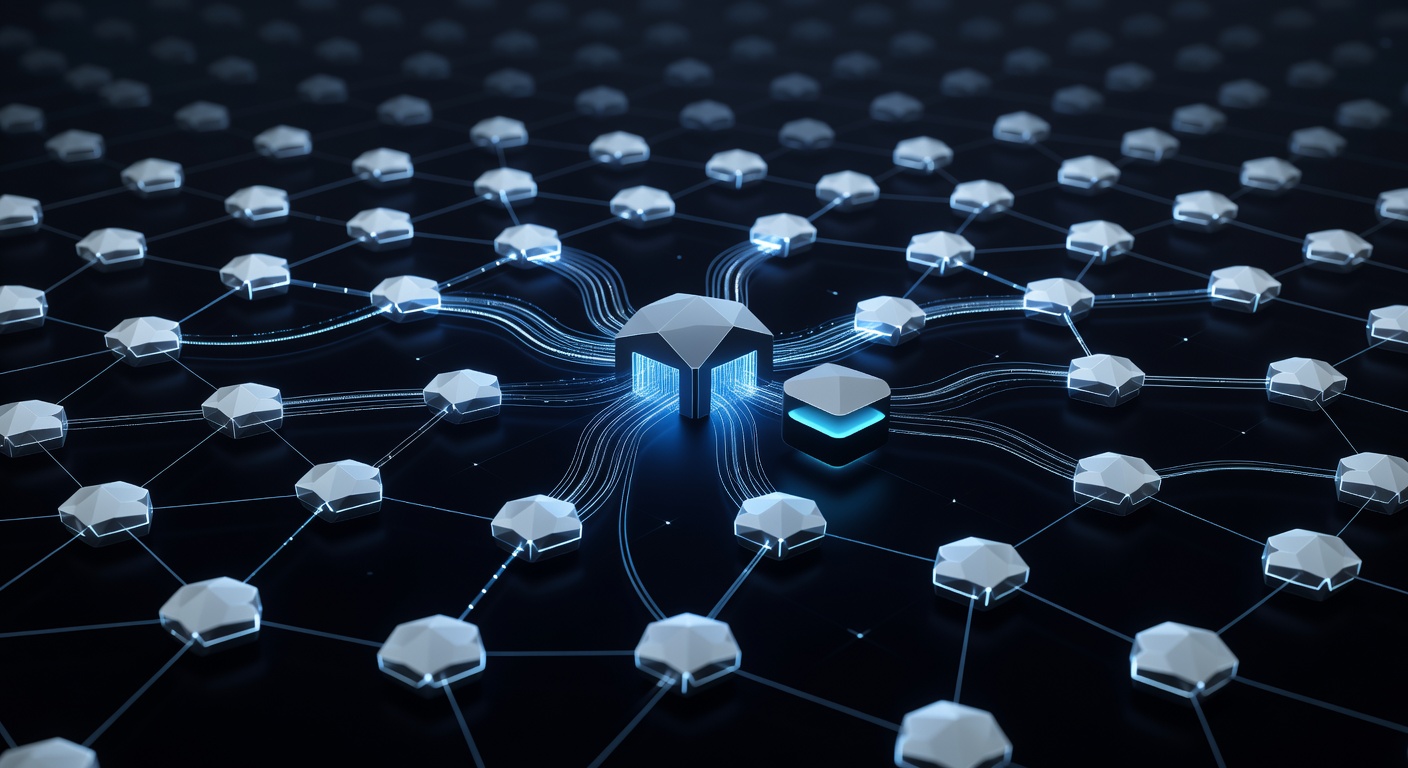 A modern, abstract 3D illustration of a serverless cloud architecture, featuring glowing nodes connecting to a central gateway, with a stylized database block representing a high-speed cache, connected by glowing data streams in a dark tech environment. No text or logos.