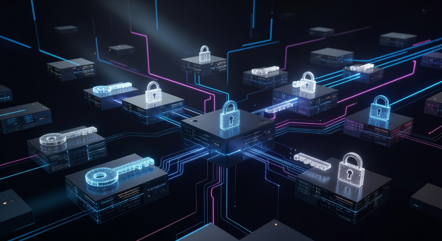 A sleek, modern tech illustration showing a cloud deployment process, featuring abstract floating server blocks being configured with glowing digital keys and secure locks, symbolizing environment variables and secure deployment, set against a vibrant neon and dark background. No text or logos.