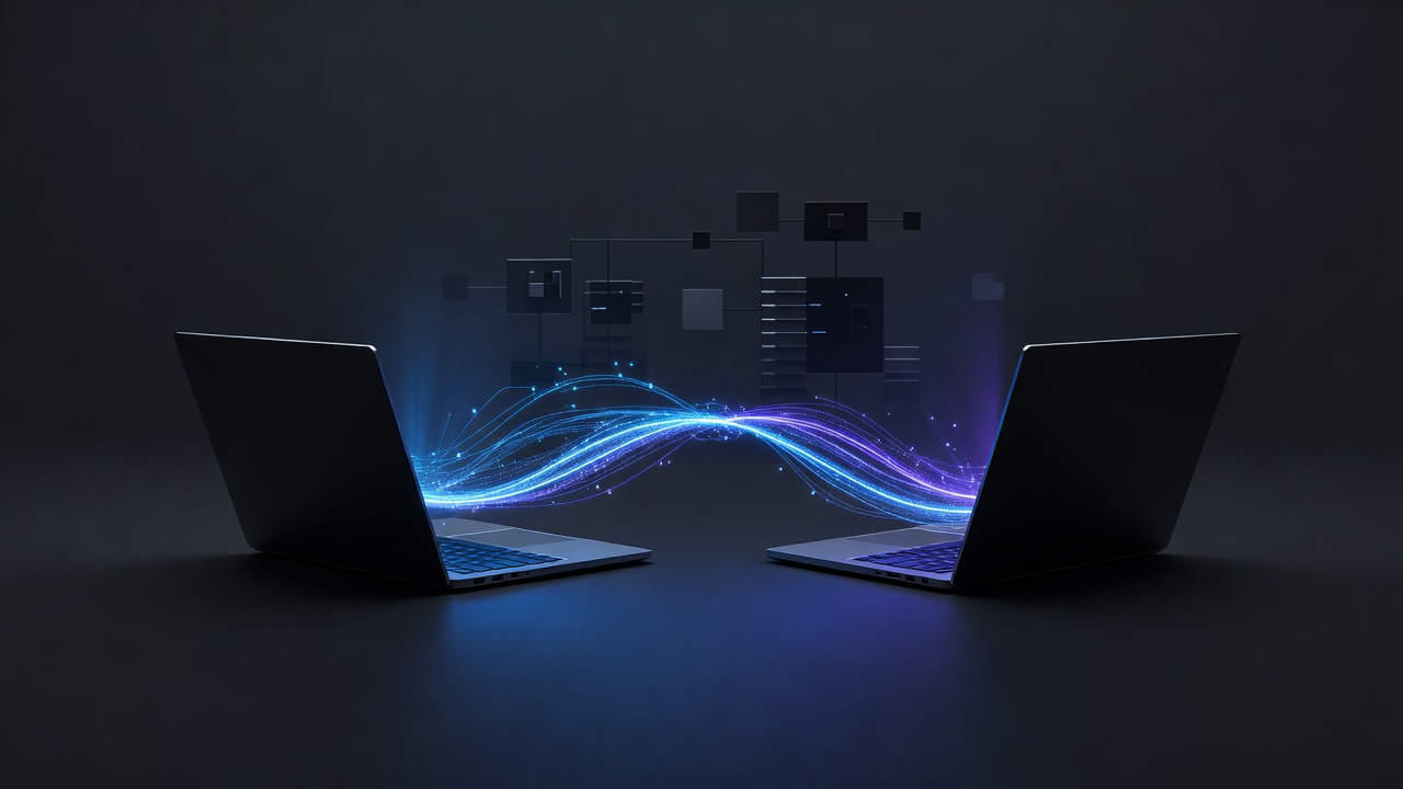 A modern, abstract 3D illustration showing a direct glowing network connection between two laptops, with a subtle server node in the background representing a STUN or TURN relay, using a sleek dark mode color palette with neon blue and purple data streams, no text or logos.