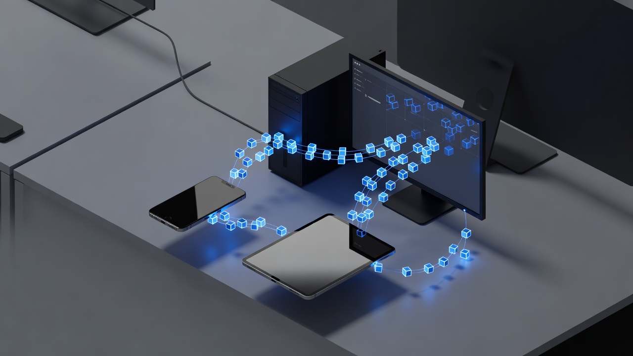 A minimalist, isometric 3D illustration of various devices including a smartphone, tablet, and desktop computer connected by floating glowing data packets, set against a clean, modern workspace background with soft lighting, no text or logos.