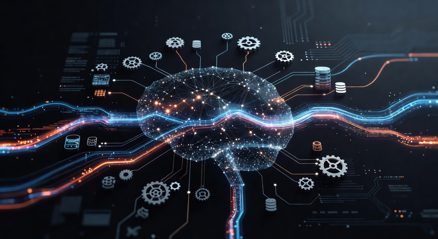 A modern, abstract 3D illustration showing a glowing AI neural network connected to various tool icons like gears and databases via glowing data streams, with a visual representation of friction or heavy load on the connection lines symbolizing processing overhead. Dark tech background, neon blue and orange accents, no text or logos.