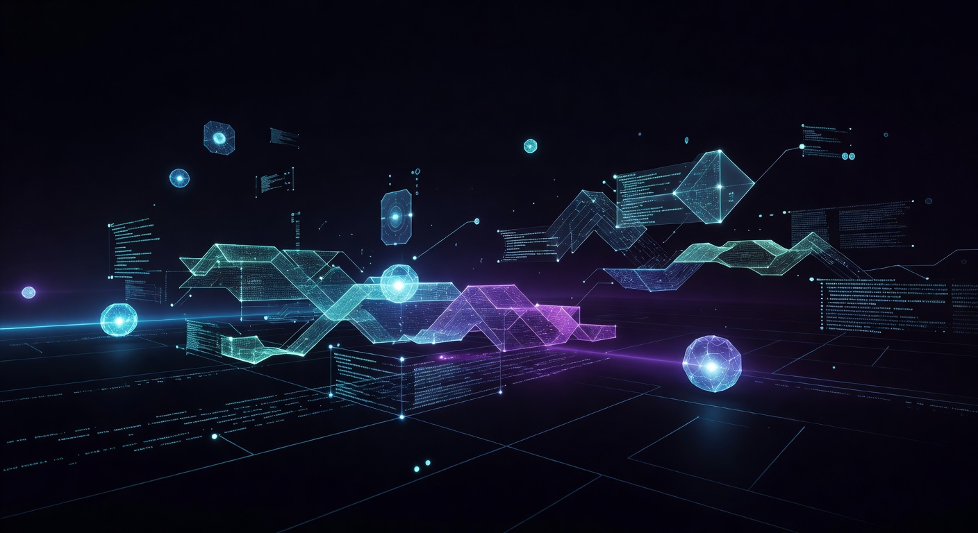 A sleek, modern tech illustration of abstract glowing holographic code structures and API nodes floating in a futuristic digital environment, representing robust software architecture and backend integration. Deep purple and cyan lighting, minimalist tech aesthetic, no text or logos.