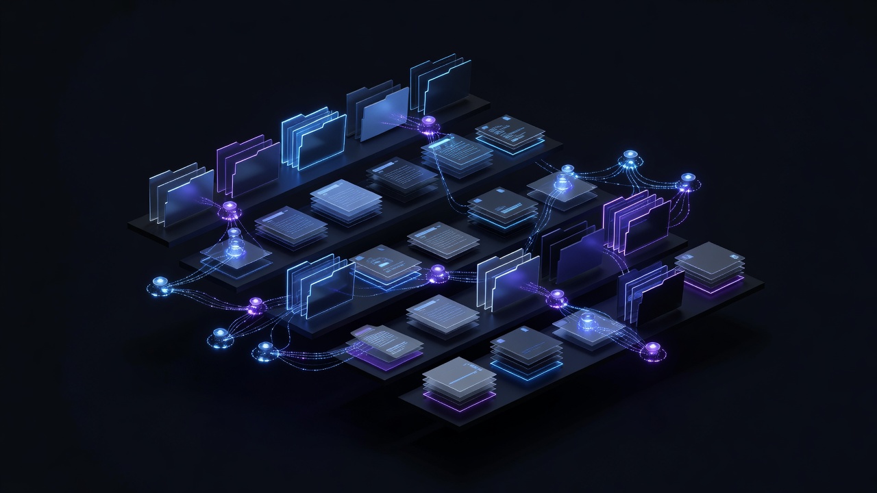 A modern 3D isometric illustration of organized digital folders, glowing data nodes, and structured documents representing a curated tech repository, dark mode with neon blue and purple accents, no text or logos.