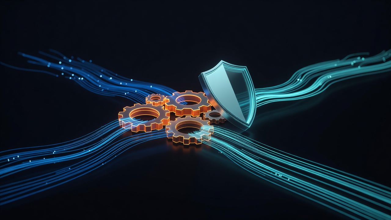 A sleek abstract representation of a digital filter and maintenance process, featuring glowing gears, a shield, and data streams being refined, modern tech aesthetic, dark background with vibrant orange and cyan highlights, no text or logos.