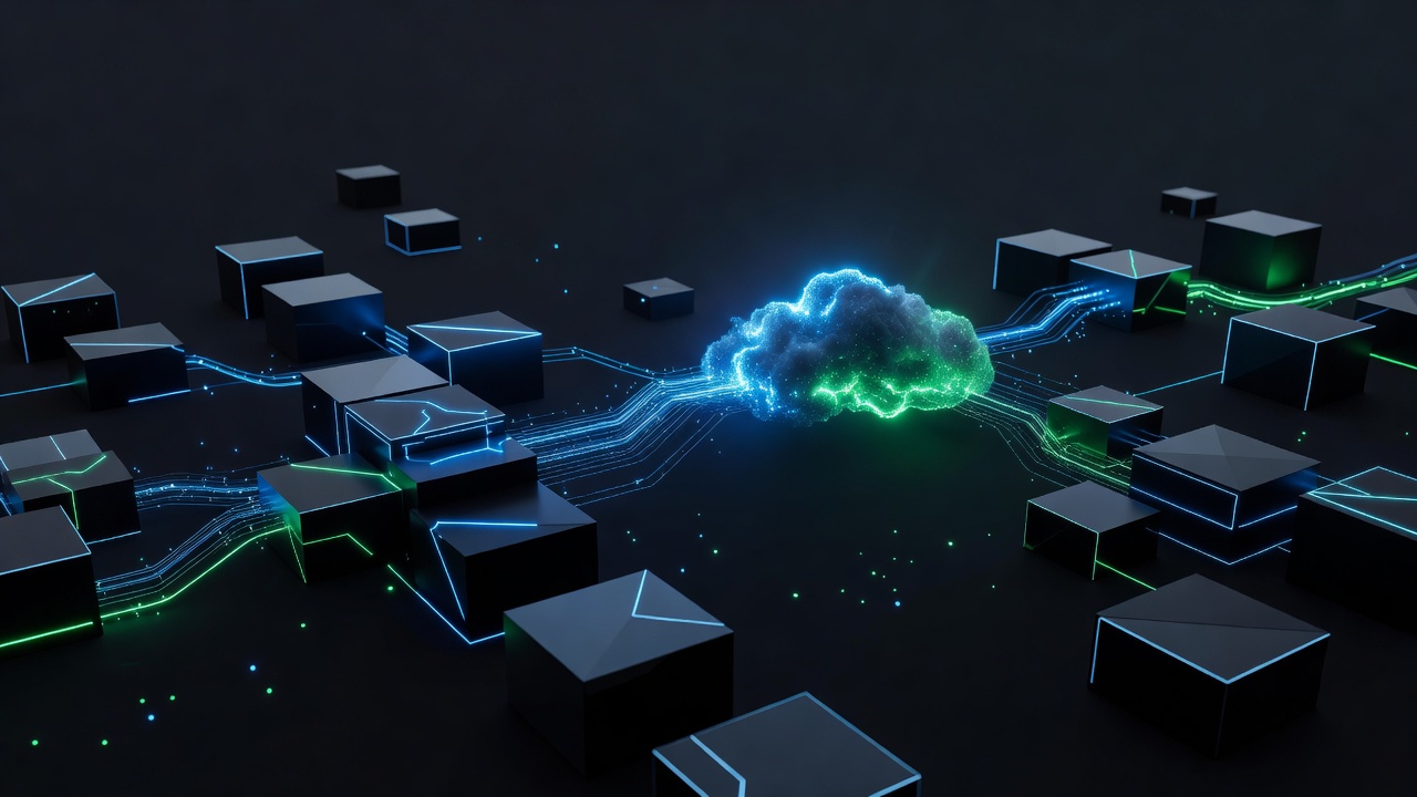 A modern, abstract 3D visualization of a command-line interface interacting with a glowing cloud API, featuring modular blocks connecting seamlessly, dark mode tech aesthetic, neon blue and green accents, no text or logos.