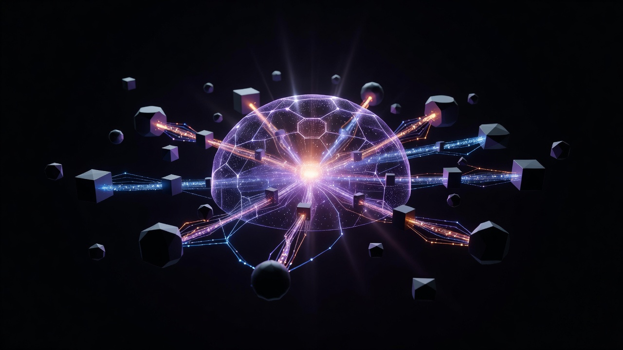 A conceptual 3D illustration showing a glowing shield protecting a central glowing core, surrounded by floating interconnected nodes representing different platforms and APIs, sleek modern developer aesthetic, dark background with vibrant purple and orange lighting, no text or logos.