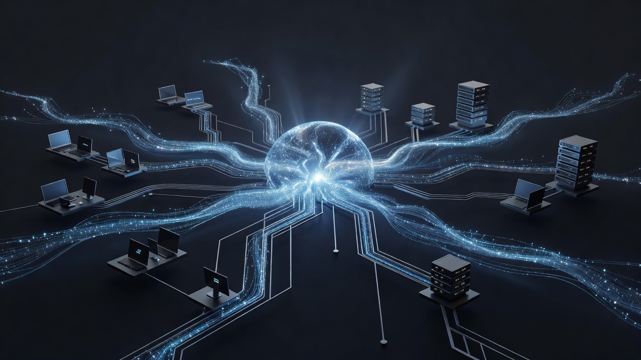 A modern, abstract architectural diagram showing a central glowing core representing a runtime environment, branching out seamlessly to desktop and server nodes, with sleek lines and glowing data streams in a dark tech theme, no text or logos.
