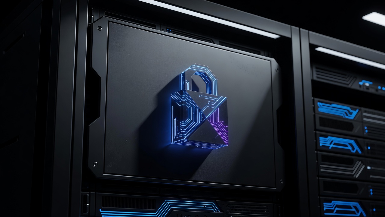 A minimalist 3D illustration of a futuristic glowing lock on a server rack, representing local resource access and security constraints, dark tech aesthetic with neon accents, no text or logos.