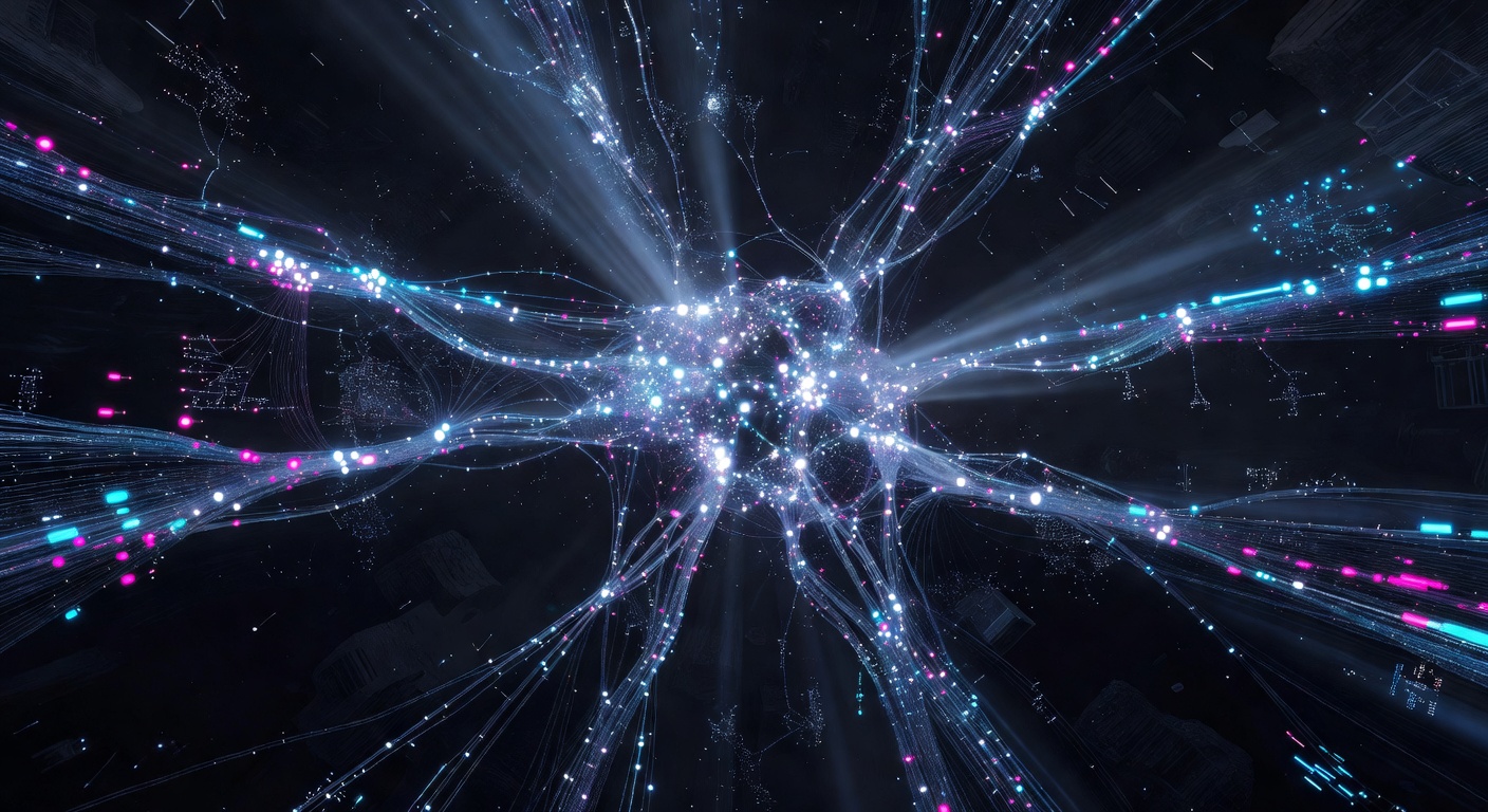 Abstract 3D visualization of a neural network expanding and scaling, glowing nodes connecting in a vast digital space, representing AI model growth and complex infrastructure, modern tech style, dark background with vibrant neon colors, no text or logos.