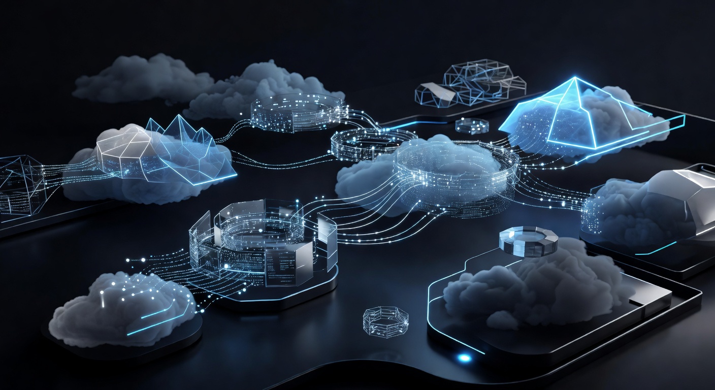 Modern abstract 3D illustration of cloud computing elements merging with software development concepts, featuring floating holographic data structures, glowing API connections, and cloud nodes, sleek tech style, no text or logos.