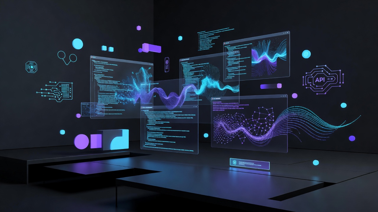 A modern, abstract 3D illustration of a developer's workspace featuring glowing holographic terminal windows and floating digital elements, dark theme with neon blue and purple accents, representing software installation and API configuration. No text or logos.