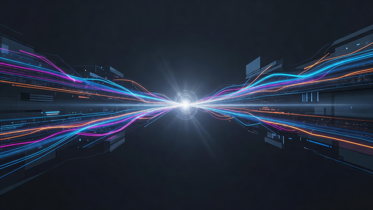 An abstract architectural visualization in a modern tech style showing multiple colorful data streams and glowing lines converging into a single, bright central core, symbolizing a unified message handler processing various communication channels. Dark background with vibrant neon colors, no text or logos.