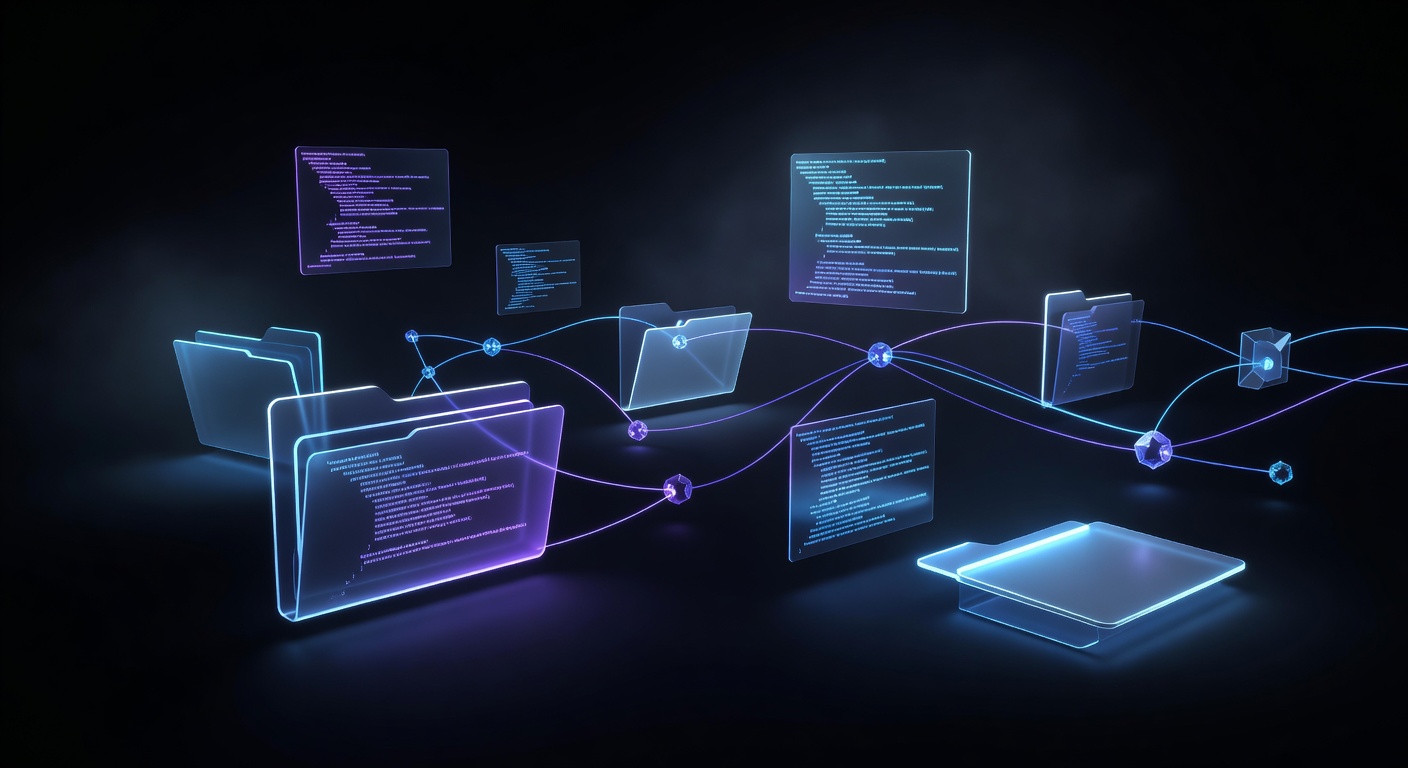 A modern, abstract 3D illustration of a digital workspace featuring glowing folders, floating holographic code blocks, and interconnected memory nodes in a dark theme with neon blue and purple accents. No text or logos.
