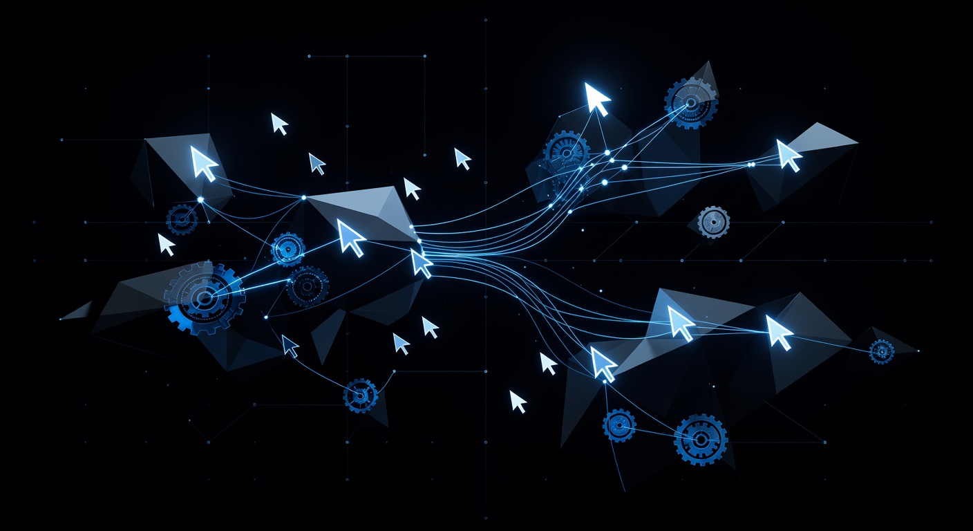 A sleek, futuristic representation of a command-line interface abstraction, featuring glowing geometric shapes, luminous input cursors, and subtle gear motifs symbolizing optimization and automation, set against a dark minimalist background. No text or logos.