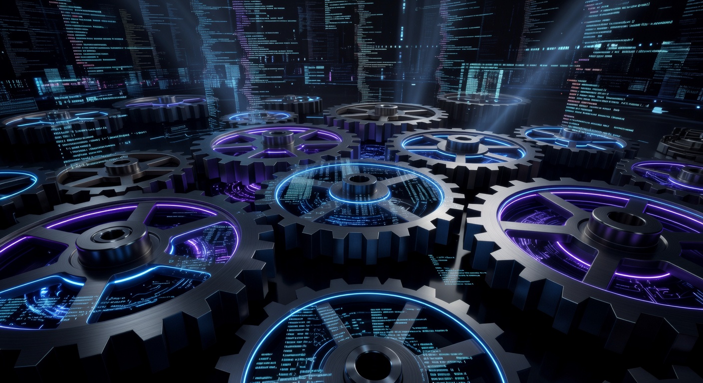 A conceptual illustration of software development balancing efficiency and complexity, featuring interconnected gears with code-like digital patterns in the background, neon blue and purple color palette, no text or logos.