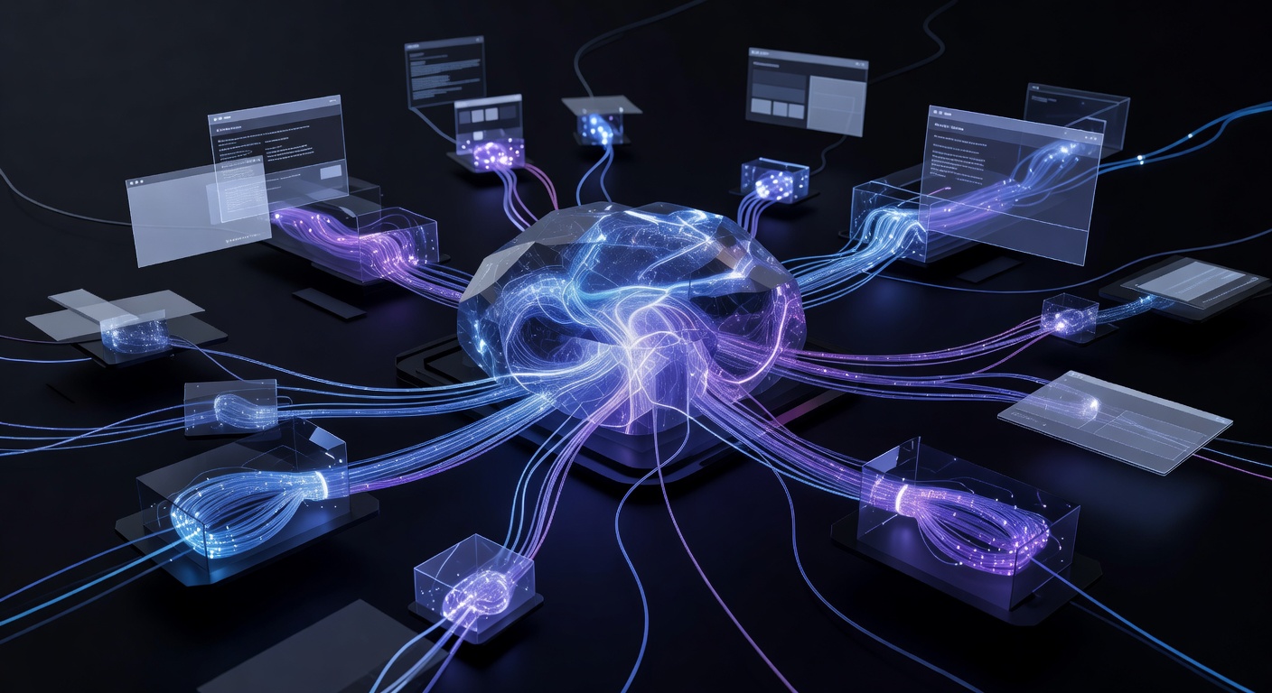 A modern abstract 3D illustration showing a glowing AI core connecting to various floating web page panels and data nodes via glowing fiber optic lines, representing the integration of artificial intelligence with external web sources and APIs, sleek tech aesthetic, dark mode with neon blue and purple accents, no text or logos