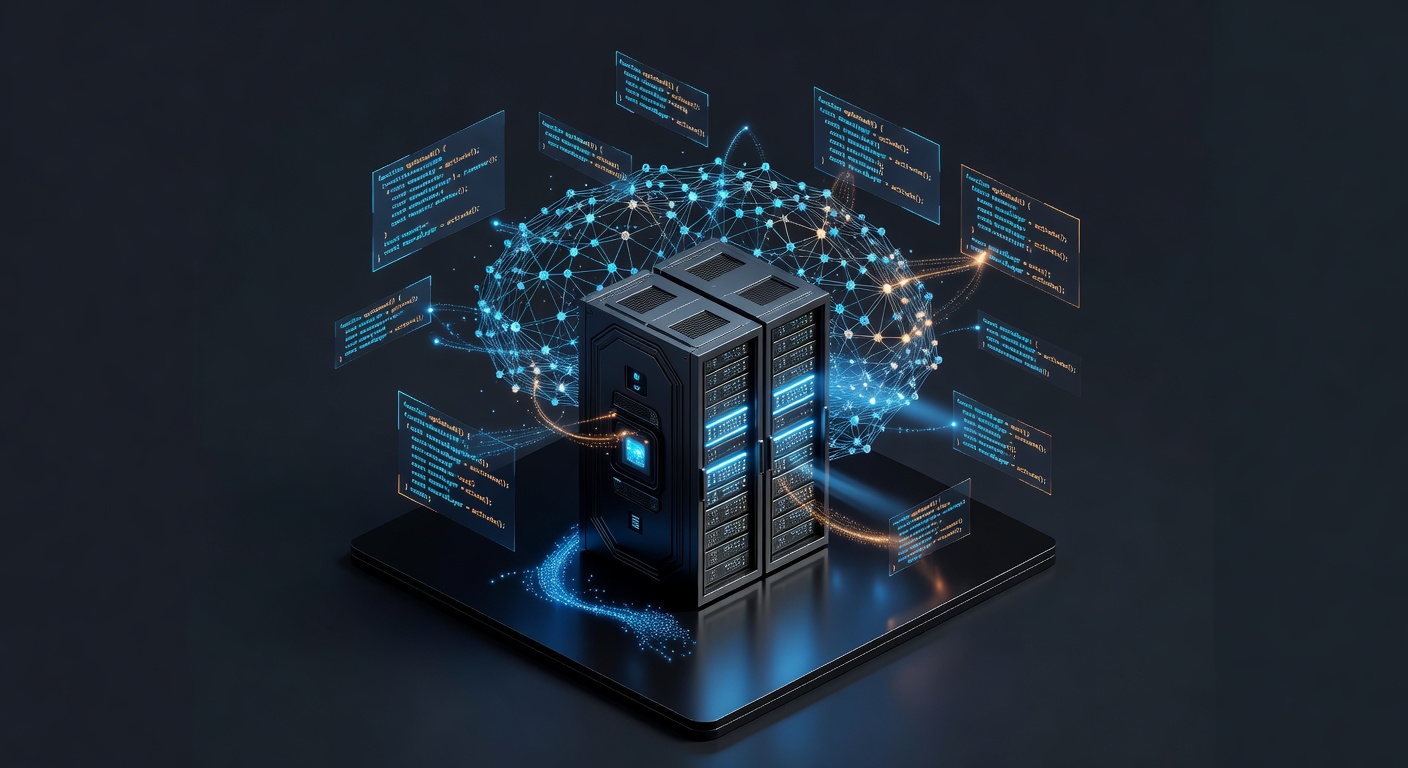A sleek isometric 3D workspace concept showing a glowing server rack and floating holographic code snippets interacting with an abstract neural network, symbolizing AI automation and web development integration, modern tech style, vibrant cyan and orange lighting, no text or logos