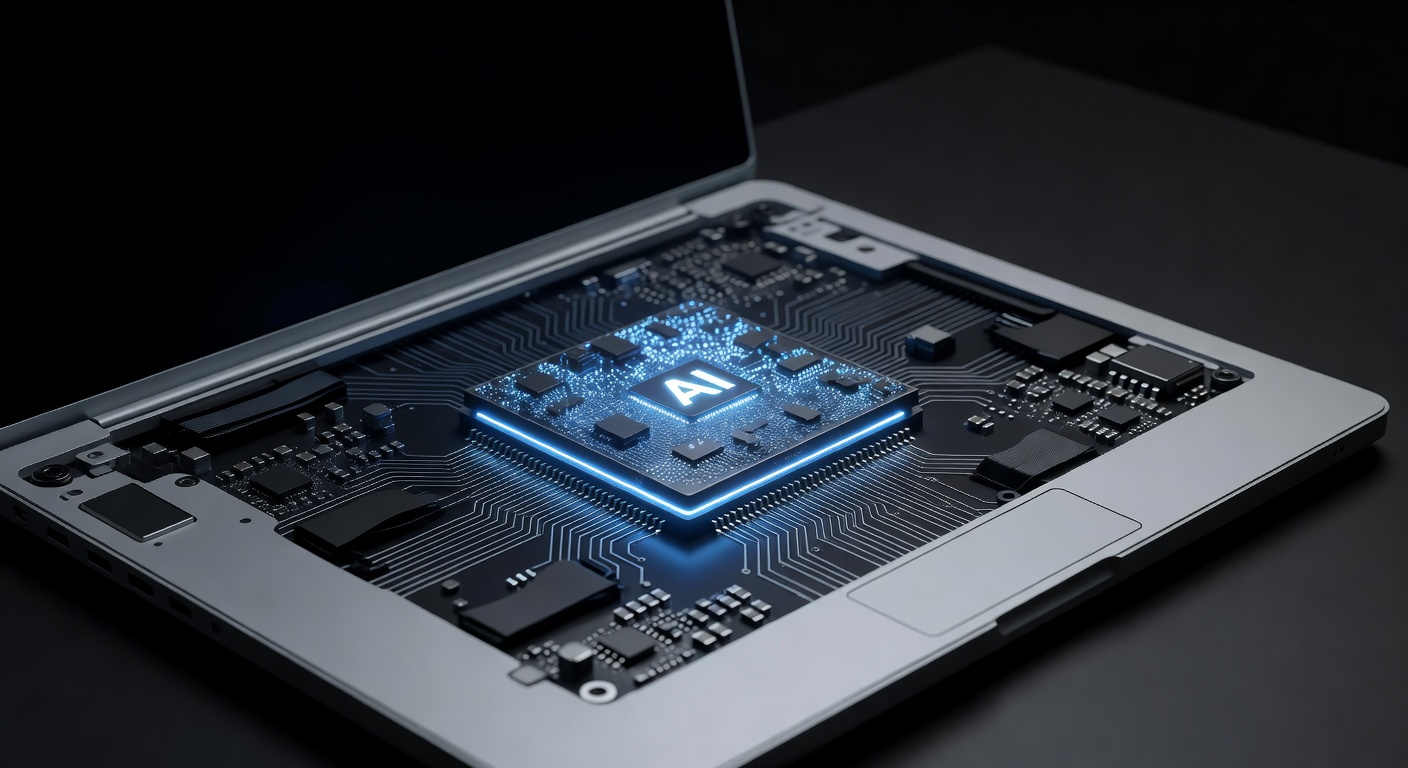 A sleek, modern 3D illustration of a glowing microchip inside a silver laptop, emitting soft neon blue light to represent AI processing power, set against a dark, minimalist background, high-tech aesthetic, no text or logos.