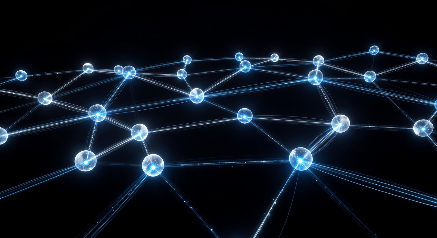 An abstract 3D visualization of a decentralized peer-to-peer network, featuring multiple glowing nodes connected by bright light trails, symbolizing distributed computing and data privacy, modern tech aesthetic, dark background, no text or logos.