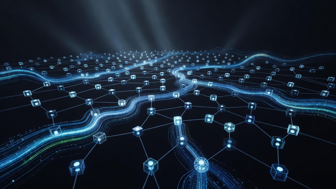 A conceptual 3D illustration of a glowing search index or database, with abstract data streams being filtered and organized into neat, glowing nodes, modern dark mode tech aesthetic, no text or logos.