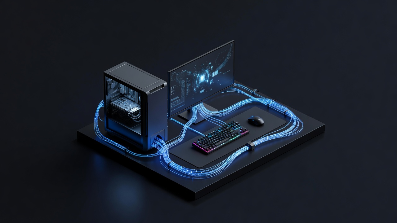 A minimalist 3D isometric view of a local computer setup, with glowing connections representing local integration and isolated from the external cloud, sleek modern tech style with neon accents, no text or logos.
