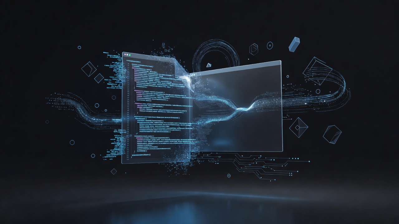 A conceptual 3D illustration showing a glowing code file transforming into a sleek, floating desktop application window, surrounded by abstract tech elements and a dark modern background. No text or logos.