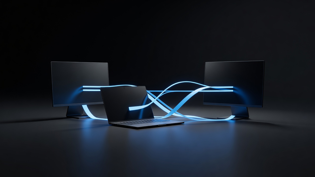 A minimalist, modern 3D rendering showing three abstract devices, such as a laptop and desktop monitors, connected by glowing data streams to represent cross-platform deployment and seamless updates. Dark mode aesthetic, no text or logos.