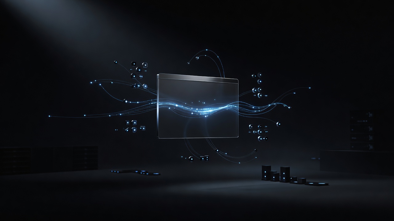 A modern, abstract 3D illustration of a glowing terminal window floating in a dark tech environment, surrounded by subtle glowing data streams and server nodes, representing server initialization. No text or logos.