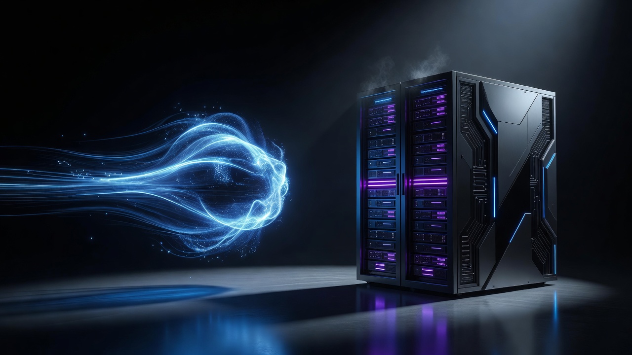 An abstract 3D tech illustration showing a comparison between two concepts: a fast, lightweight glowing energy pulse on one side representing agility, and a solid, structured glowing server rack on the other representing stability. Modern neon color palette, no text or logos.