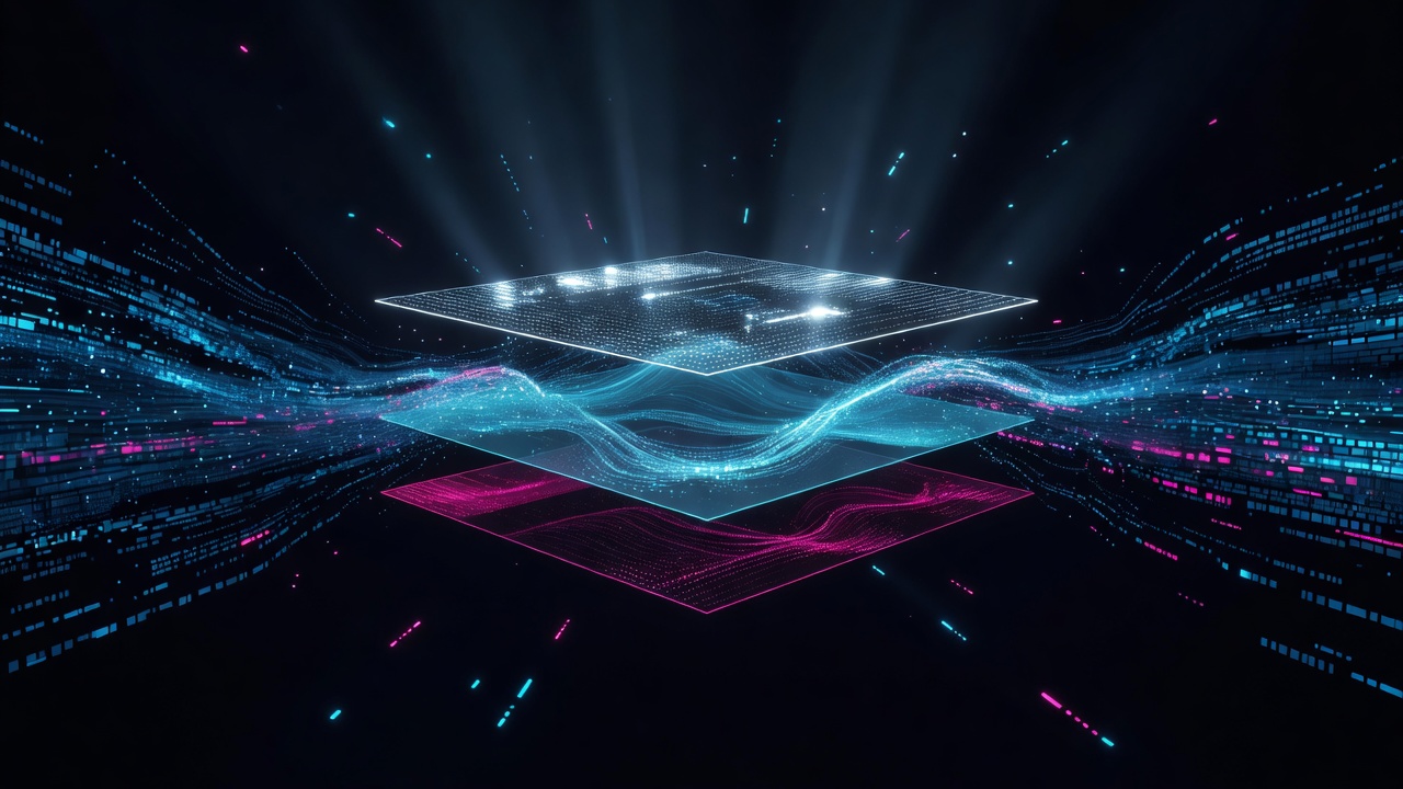 Abstract 3D illustration of raw data streams being filtered and organized into three distinct glowing layers, modern tech style, dark background with vibrant cyan and magenta accents, no text or logos.