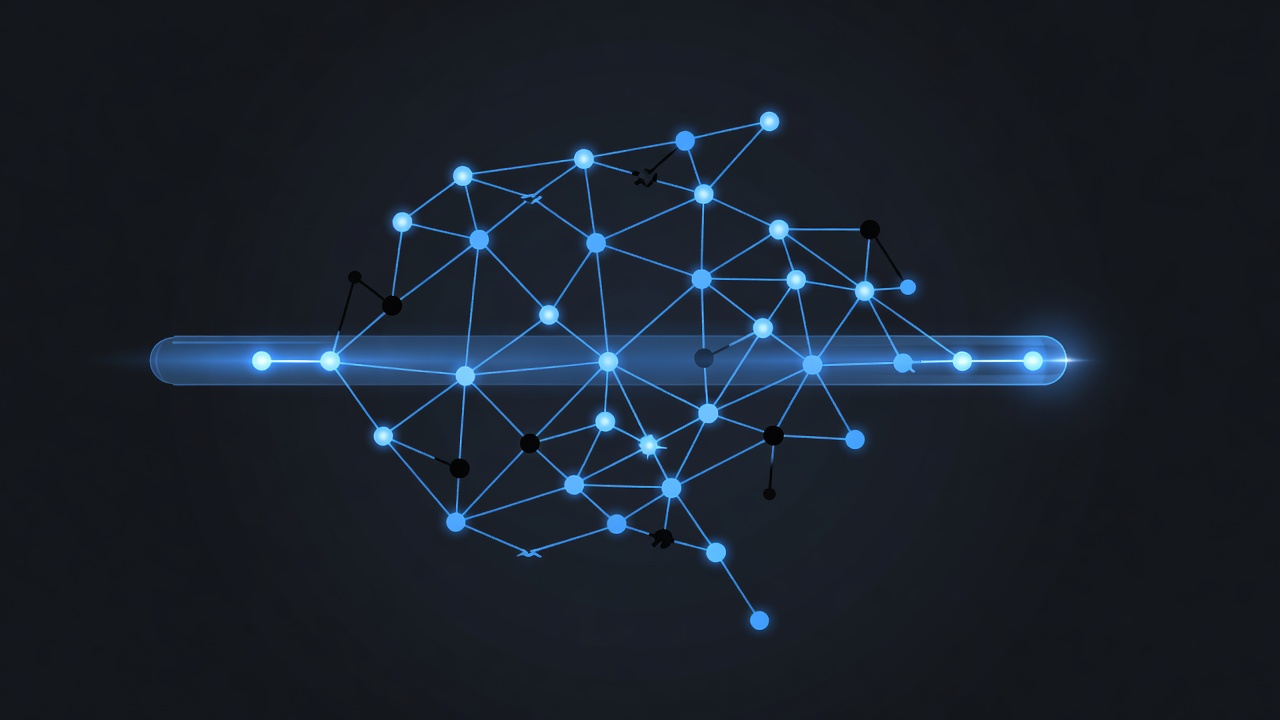 Abstract conceptual illustration of a digital scanner inspecting a complex network of glowing nodes, with a few nodes appearing incomplete or disconnected to symbolize limitations, modern tech style, dark theme, no text or logos.