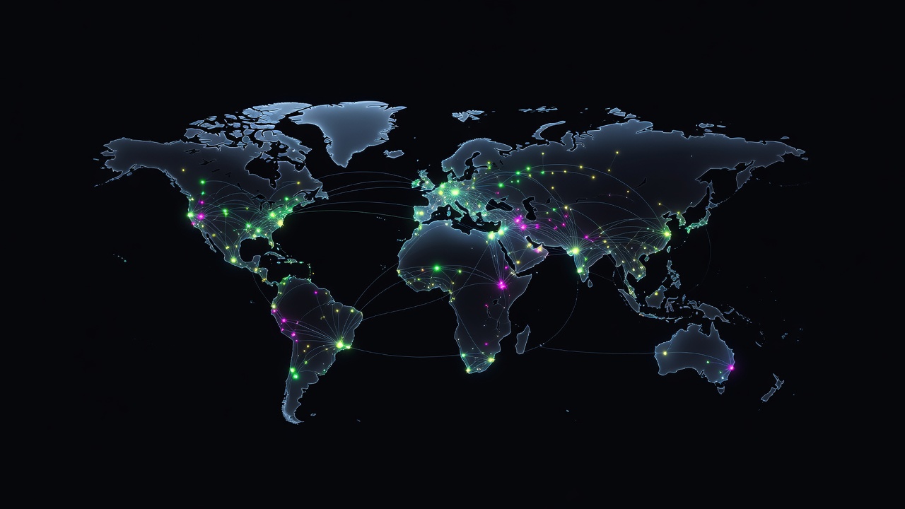 A dark-themed conceptual illustration of a stylized world map with glowing dots in green, magenta, and yellow representing global network nodes and data routing, modern tech style, no text or logos