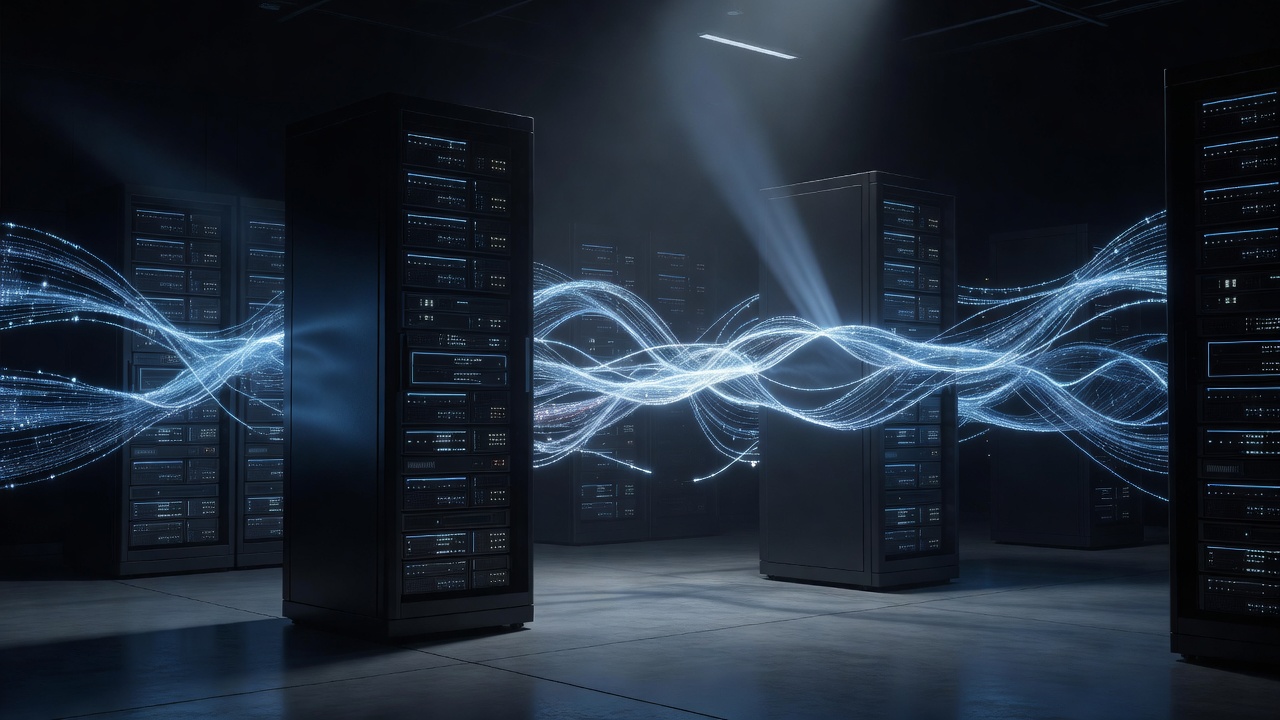 A conceptual illustration of abstract data streams and glowing network connections synchronizing across multiple servers, representing real-time monitoring and deployment, dark mode, modern tech style, no text or logos