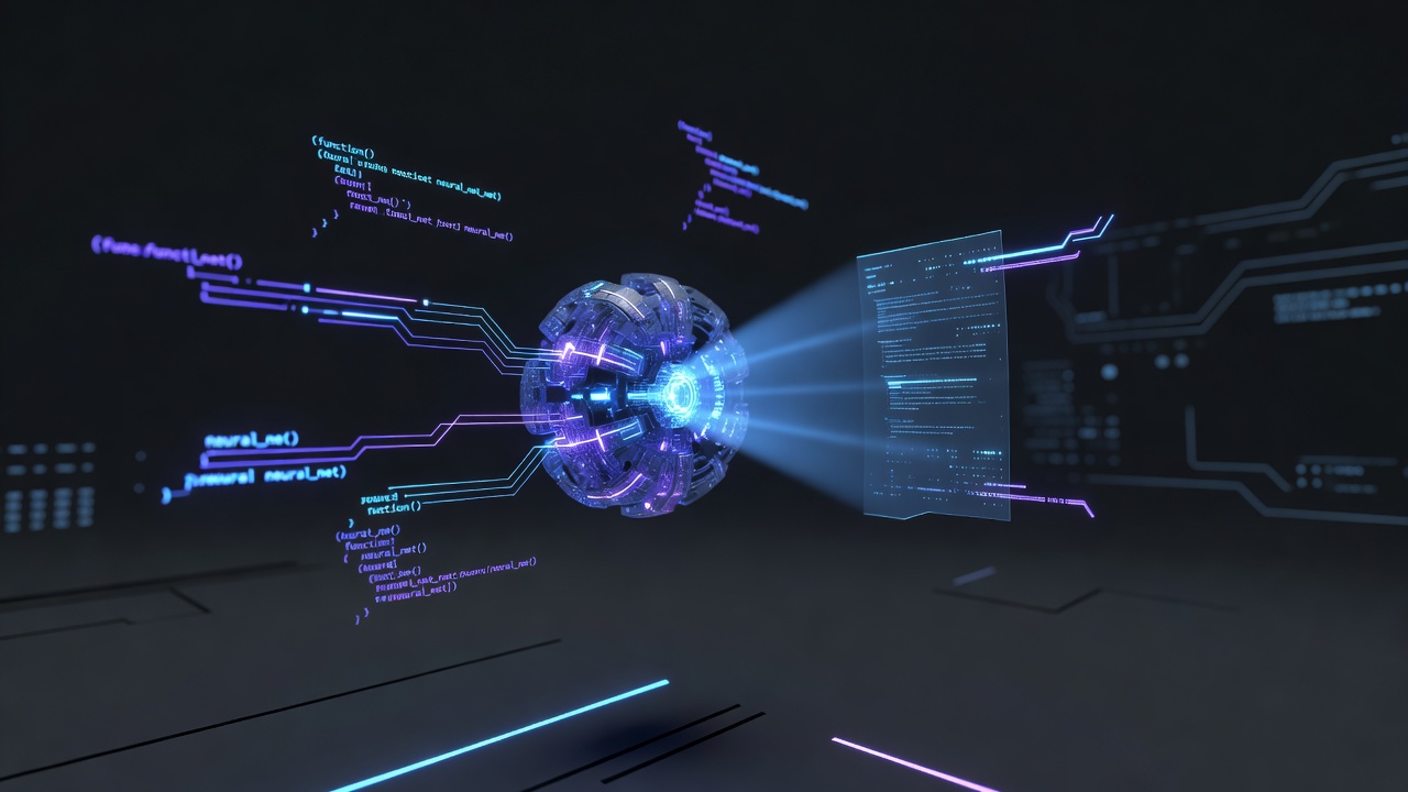 A conceptual 3D illustration of a glowing AI core scanning a floating digital document alongside glowing code snippets, modern tech style, dark theme with neon blue and purple accents, no text or logos