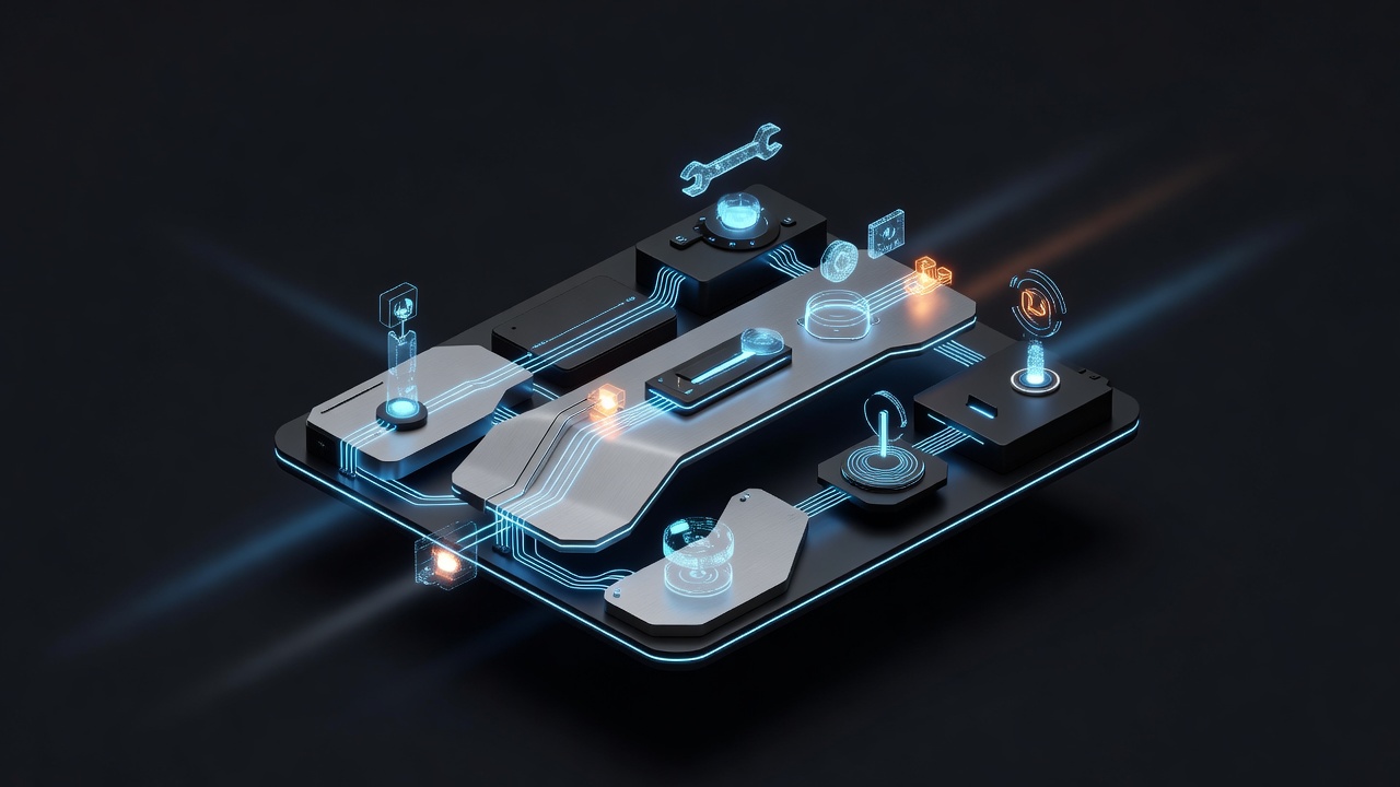 A sleek, modern 3D isometric view of a digital workstation being fine-tuned with glowing abstract tools, representing optimization and maintenance, vibrant cyan and orange lighting, clean tech aesthetic, no text or logos