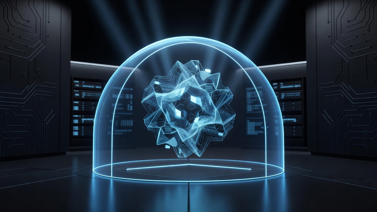 A modern 3D conceptual illustration of a secure digital sandbox. A glowing, transparent energy shield encloses an abstract AI core, separating it from the surrounding clean, futuristic tech environment. Represents microVM isolation and security boundaries. Sleek, modern tech style, no text or logos.