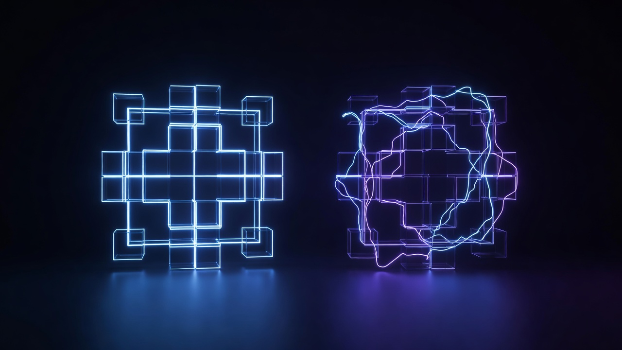 A conceptual 3D illustration showing two glowing digital structures side by side. One is perfectly aligned, bright, and geometric, representing clean code. The other is slightly fragmented and tangled with chaotic glowing lines, representing messy code. Modern tech style, dark background with neon blue and purple accents, no text or logos.