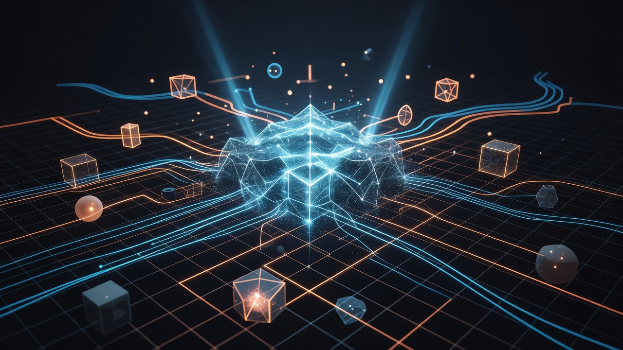A sleek, modern 3D illustration of an abstract glowing AI core seamlessly integrating with a structured digital grid. Floating geometric shapes and smooth light trails represent an optimized workflow, efficiency, and reduced resource consumption. Dark theme with vibrant cyan and orange lighting, high-tech minimalist aesthetic, no text or logos.
