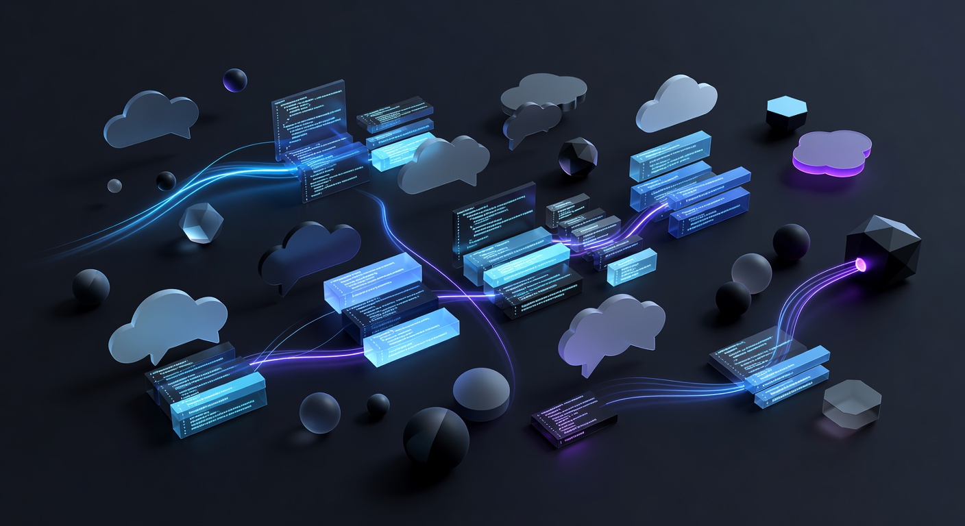 A modern, abstract 3D illustration of a digital workspace or notebook interface transforming visual nodes and natural language bubbles into structured, glowing code blocks. Clean tech aesthetic, neon blue and purple accents, no text or logos.