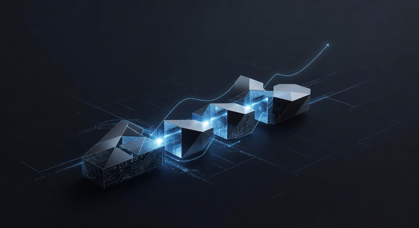 A sleek, conceptual illustration showing modular glowing data blocks snapping together efficiently, with a subtle upward trend line indicating optimization and cost savings. Futuristic enterprise technology theme, minimalist, no text or logos.